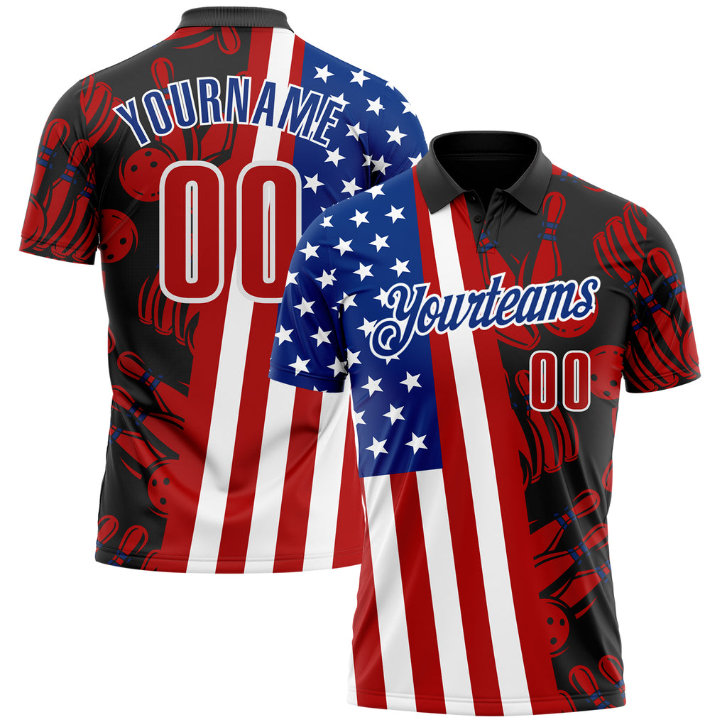 Custom Black Red White-Royal Patriotic American Flag Bowling Ball And Pins Strike Performance Polo Shirt
