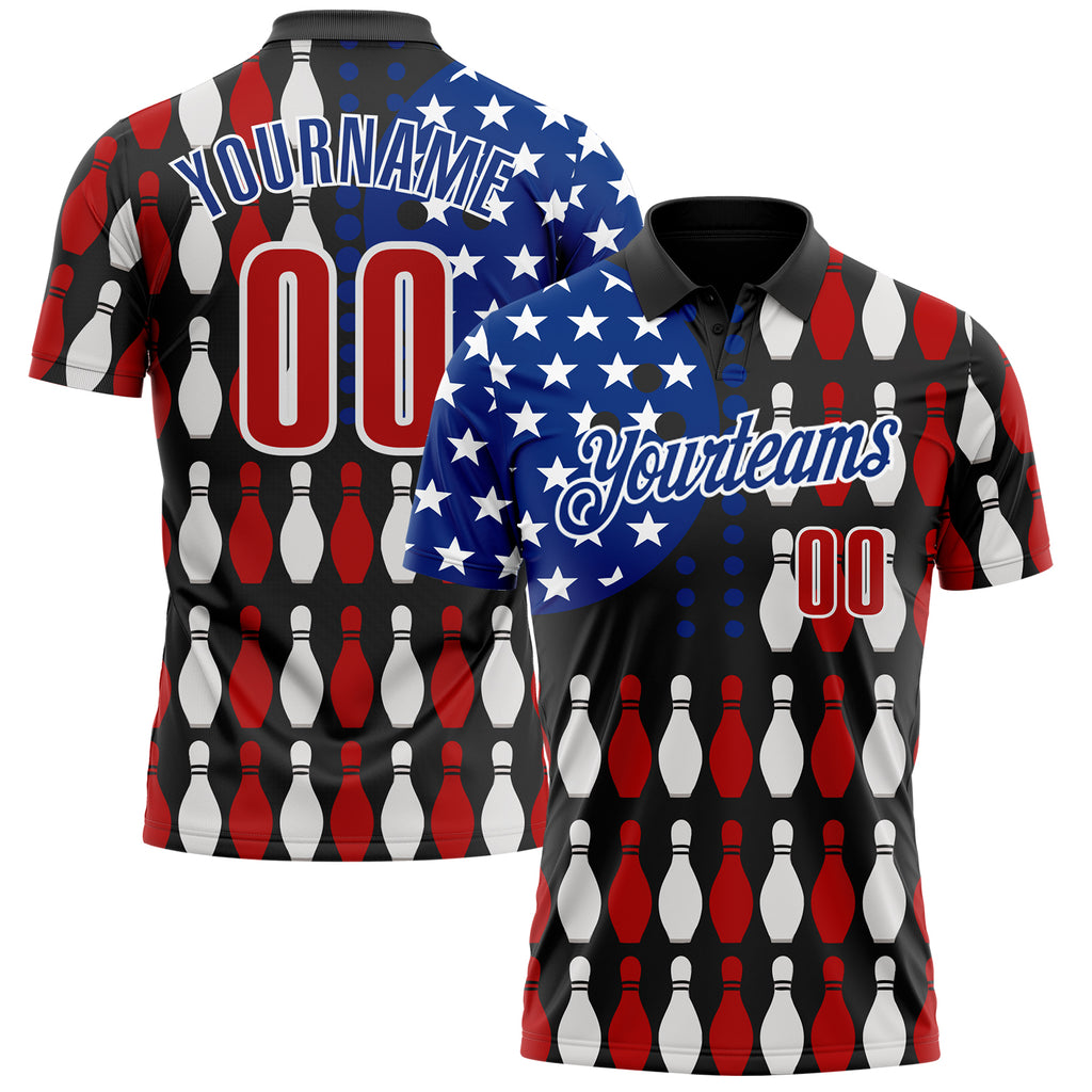 Custom Black Red White-Royal Patriotic American Flag Bowling Ball And Pins Performance Polo Shirt