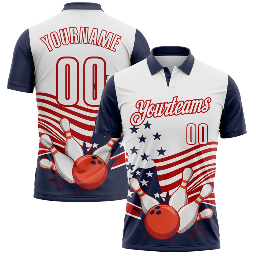 Custom White Navy-Red Patriotic American Flag Bowling Ball And Pins Strike Performance Polo Shirt