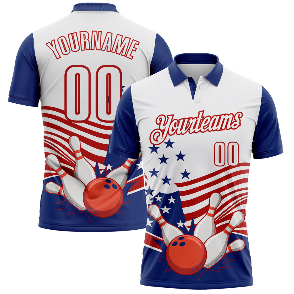 Custom White Royal-Red Patriotic American Flag Bowling Ball And Pins Strike Performance Polo Shirt