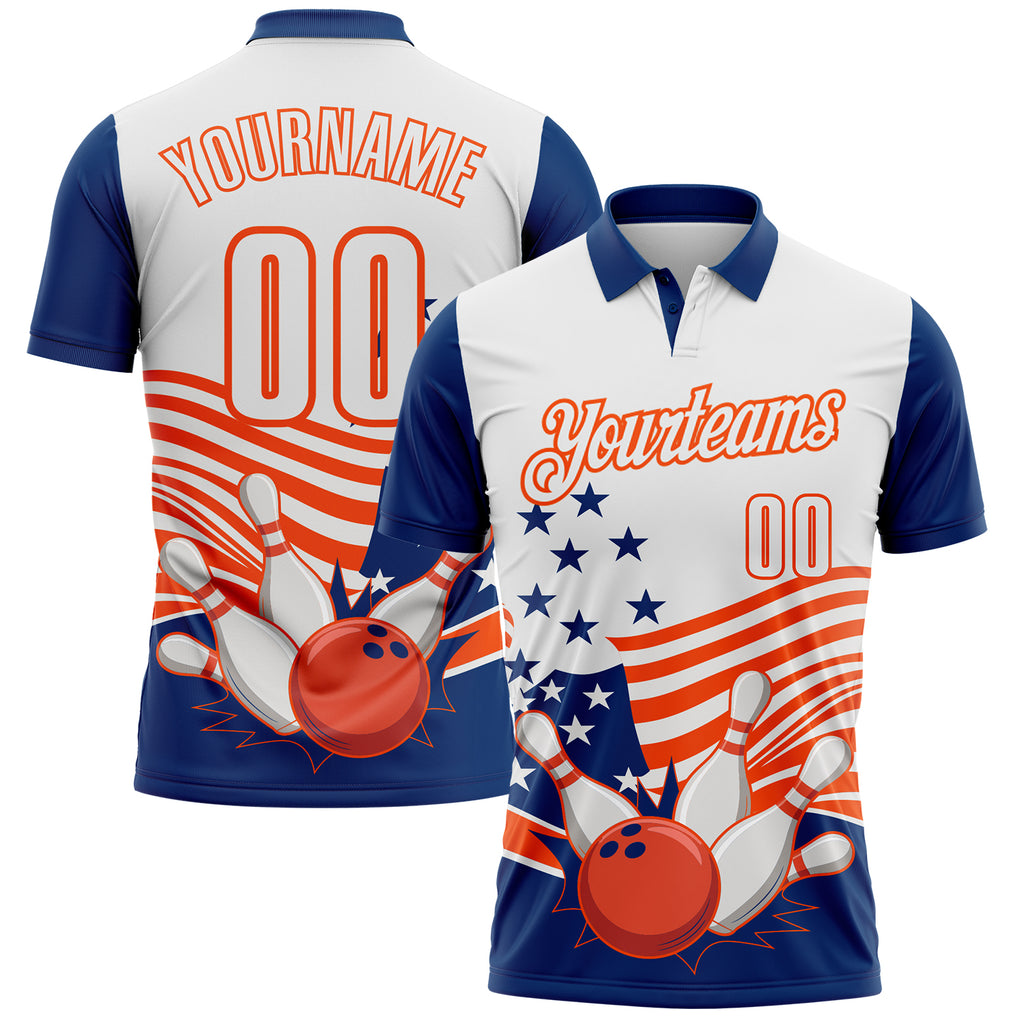 Custom White US Navy Blue-Orange Patriotic American Flag Bowling Ball And Pins Strike Performance Polo Shirt
