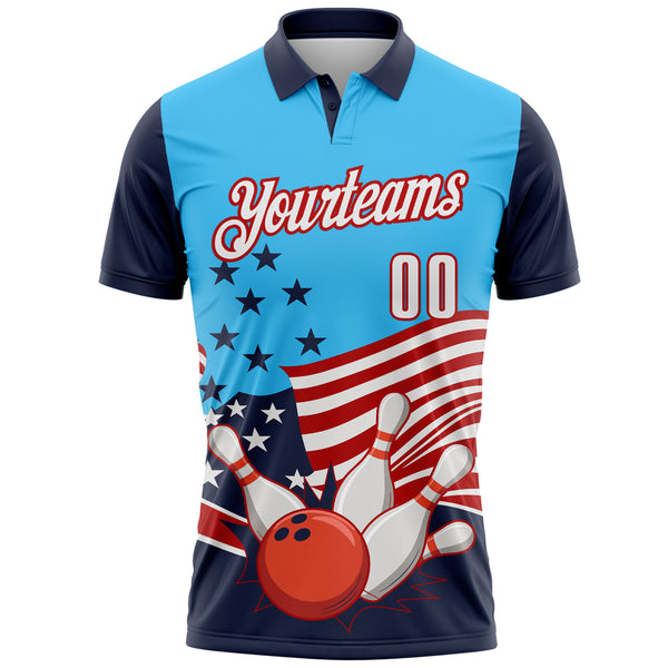 Custom Sky Blue White Navy-Red Patriotic American Flag Bowling Ball And Pins Strike Performance Polo Shirt