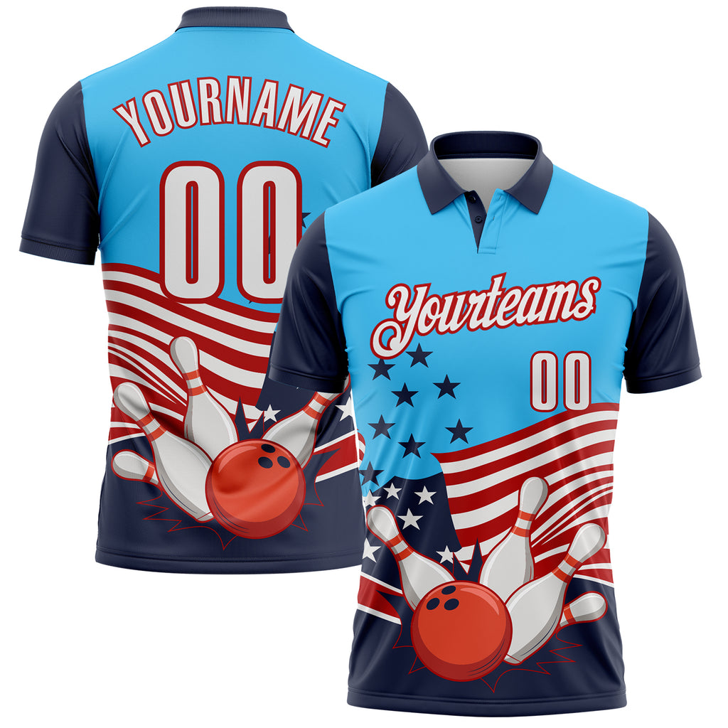 Custom Sky Blue White Navy-Red Patriotic American Flag Bowling Ball And Pins Strike Performance Polo Shirt