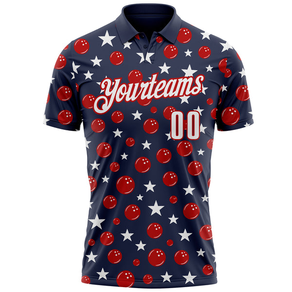 Custom Navy White-Red Patriotic Stars Bowling Balls Performance Polo Shirt