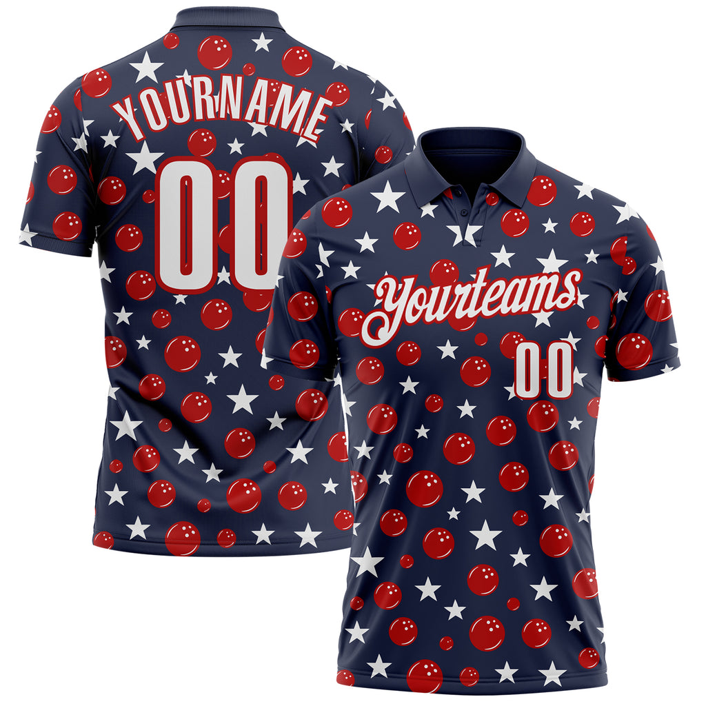 Custom Navy White-Red Patriotic Stars Bowling Balls Performance Polo Shirt