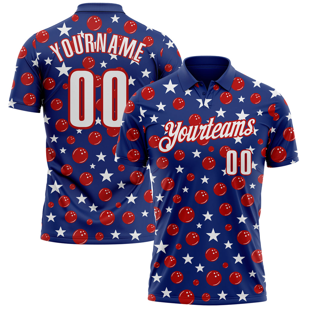 Custom Royal White-Red Patriotic Stars Bowling Balls Performance Polo Shirt