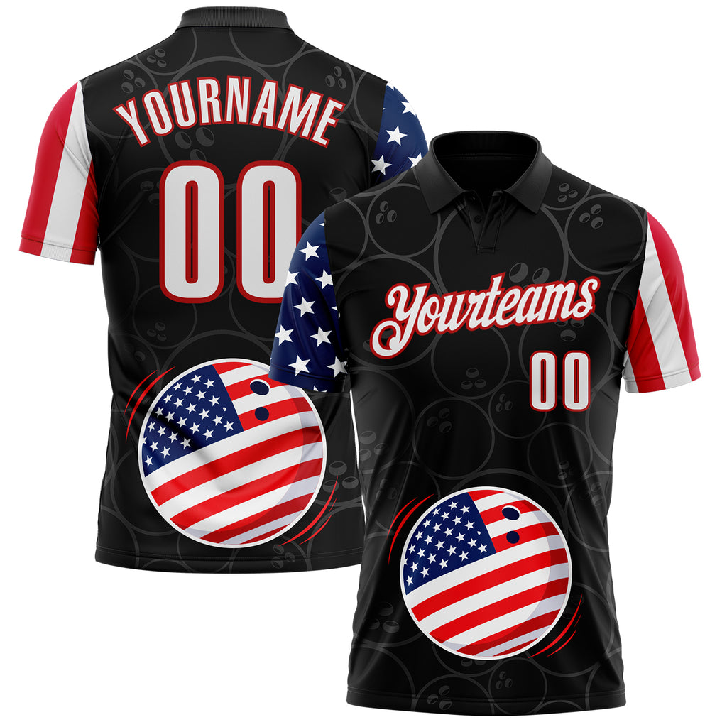 Custom Black White Royal-Red Patriotic American Flag Bowling Balls Performance Polo Shirt