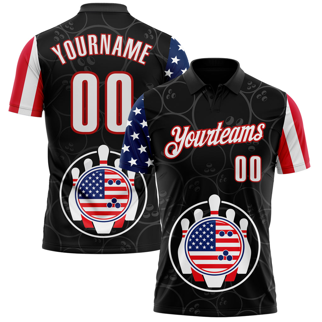 Custom Black White Royal-Red Patriotic American Flag Bowling Ball And Pins Performance Polo Shirt