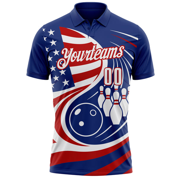 Custom Royal White-Red Patriotic American Flag Bowling Ball And Pins Performance Polo Shirt
