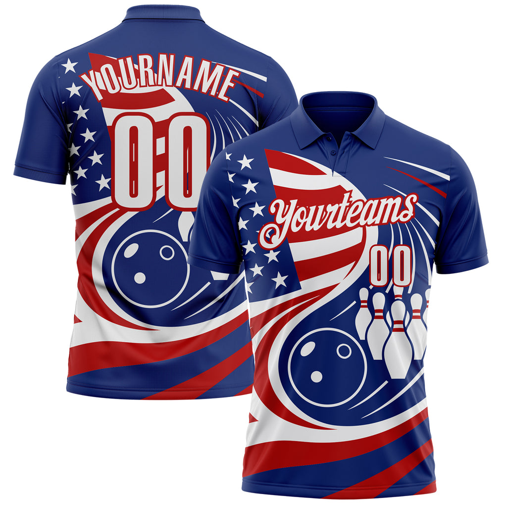 Custom Royal White-Red Patriotic American Flag Bowling Ball And Pins Performance Polo Shirt