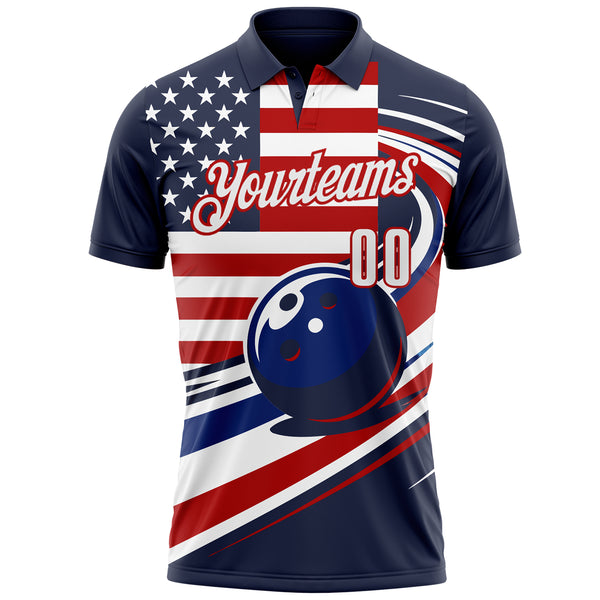 Custom Navy White Royal-Red Patriotic American Flag Bowling Ball Performance Polo Shirt