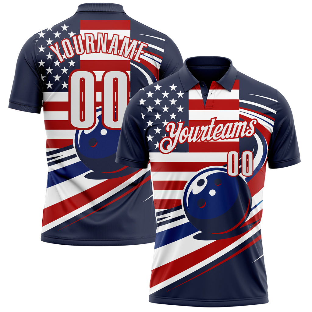 Custom Navy White Royal-Red Patriotic American Flag Bowling Ball Performance Polo Shirt