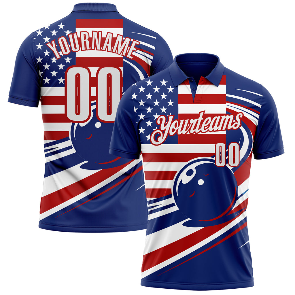 Custom Royal White-Red Patriotic American Flag Bowling Ball Performance Polo Shirt