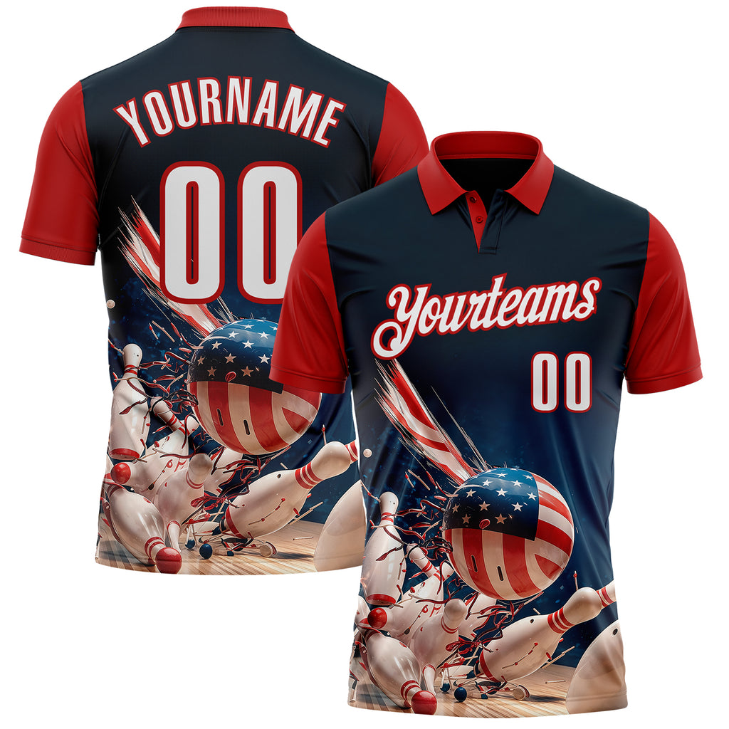 Custom Navy White-Red Patriotic American Flag Bowling Ball And Pins Strike Performance Polo Shirt
