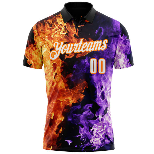 Custom Black White Purple-Bay Orange Flame Split Fire Performance Polo Shirt