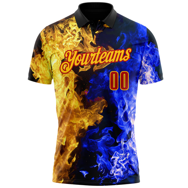 Custom Black Red Blue-Yellow Flame Split Fire Performance Polo Shirt