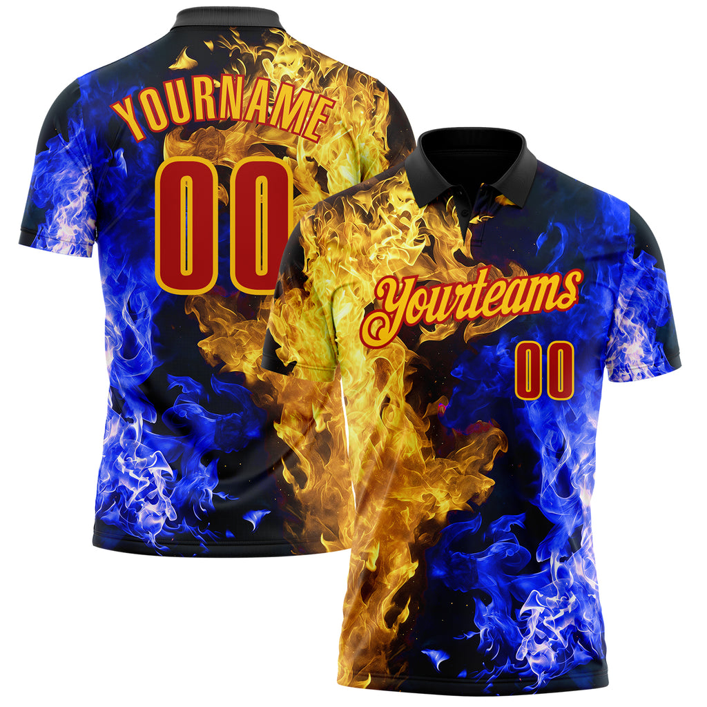 Custom Black Red Blue-Yellow Flame Split Fire Performance Polo Shirt