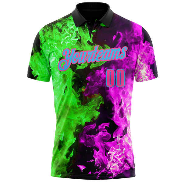 Custom Black Pink Hot Pink Green-Sky Blue Flame Split Fire Performance Polo Shirt