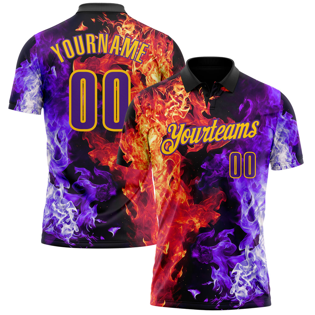 Custom Black Purple Red-Yellow Flame Split Fire Performance Polo Shirt