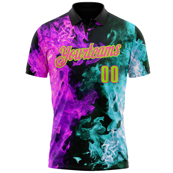 Custom Black Neon Green Ice Blue Purple-Pink Flame Split Fire Performance Polo Shirt