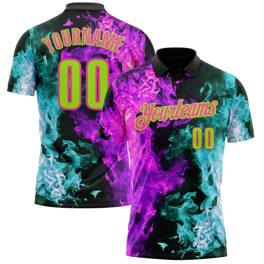 Custom Black Neon Green Ice Blue Purple-Pink Flame Split Fire Performance Polo Shirt