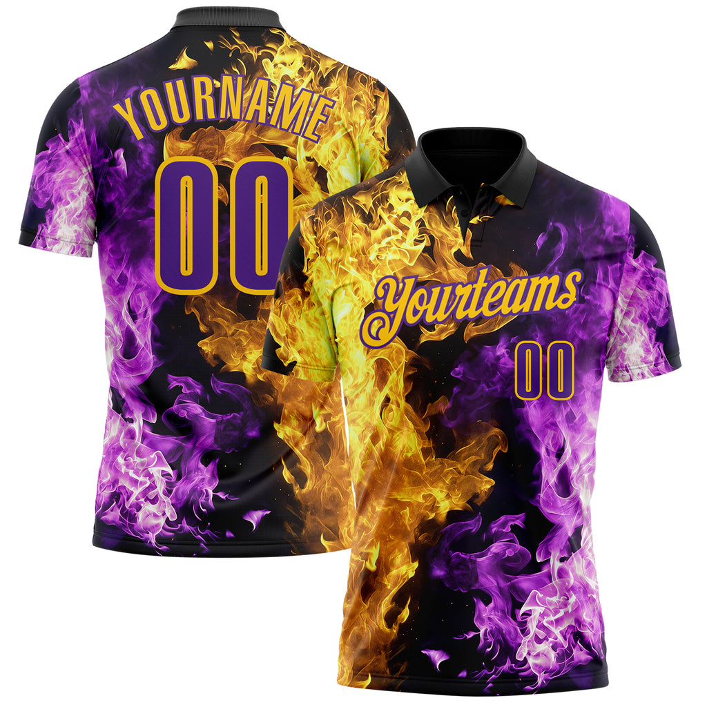 Custom Black Purple-Yellow Flame Split Fire Performance Polo Shirt