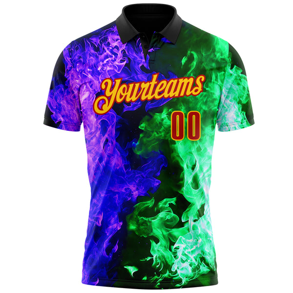 Custom Black Red Green Purple-Yellow Flame Split Fire Performance Polo Shirt