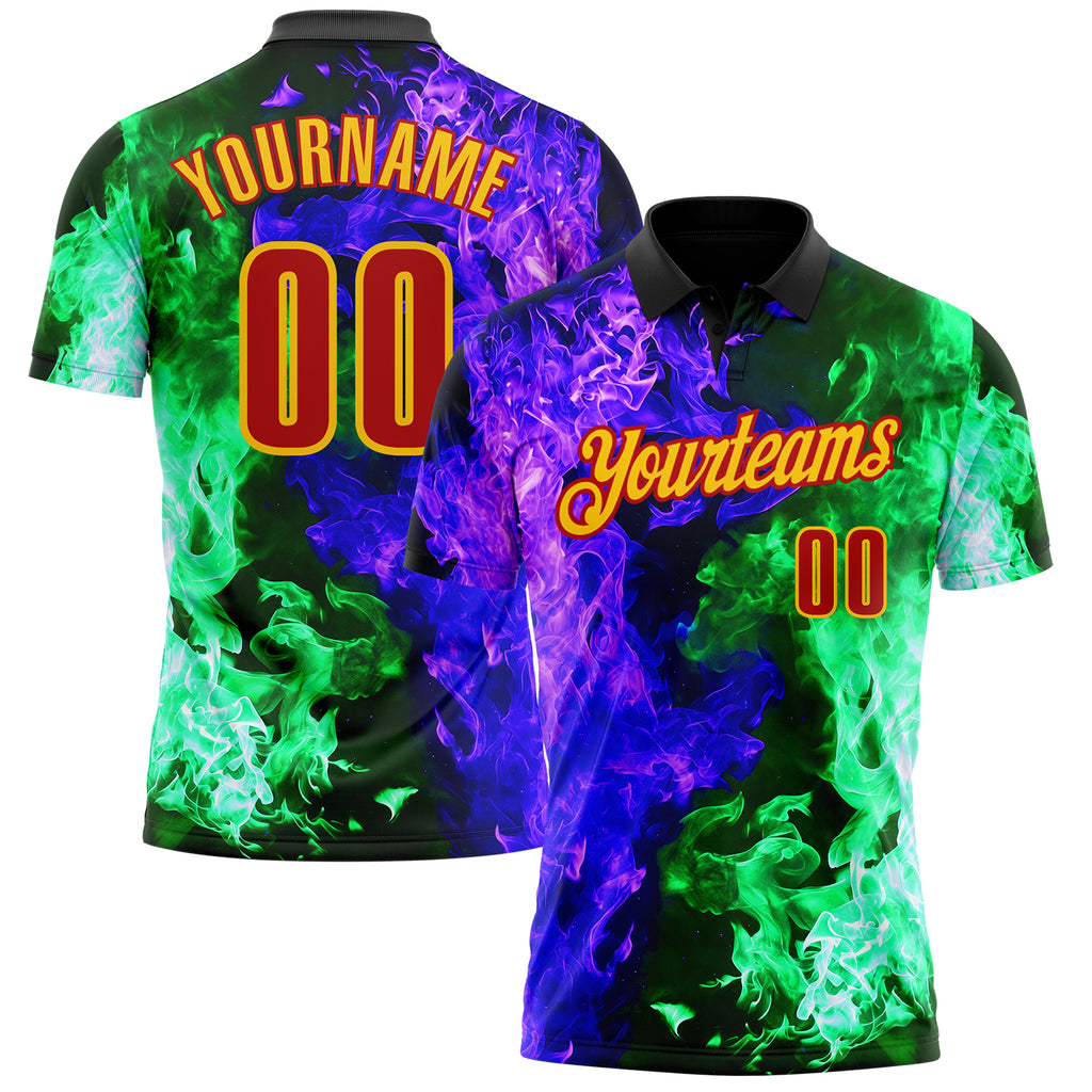 Custom Black Red Green Purple-Yellow Flame Split Fire Performance Polo Shirt