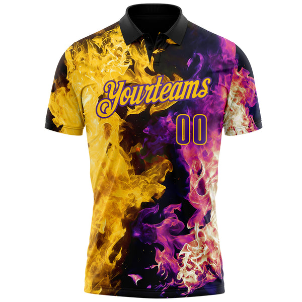 Custom Black Purple-Yellow Flame Split Fire Performance Polo Shirt