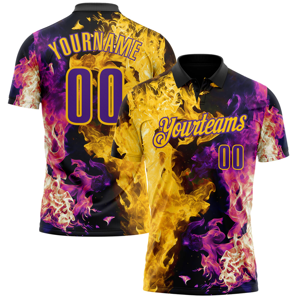 Custom Black Purple-Yellow Flame Split Fire Performance Polo Shirt