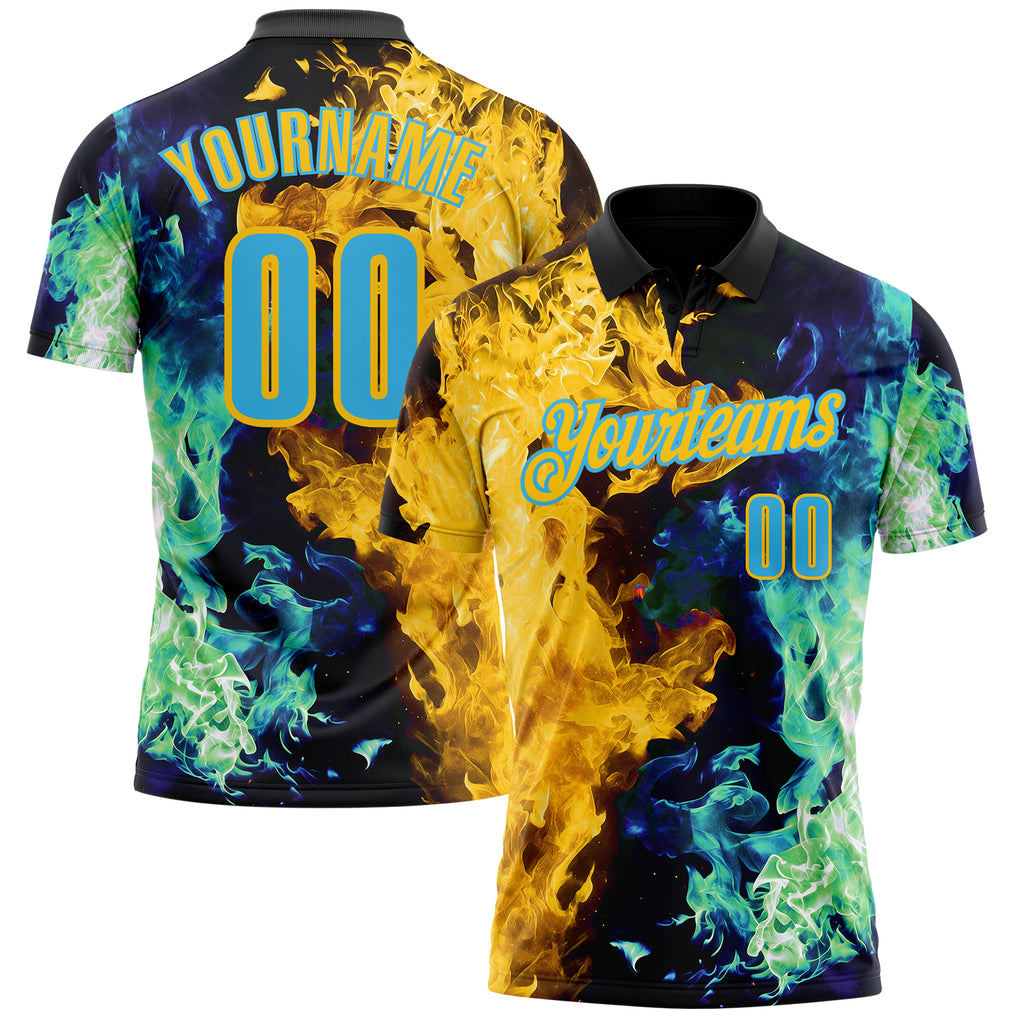 Custom Black Sky Blue Green-Yellow Flame Split Fire Performance Polo Shirt