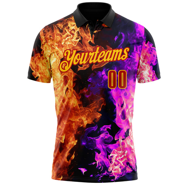 Custom Black Red Hot Pink-Yellow Flame Split Fire Performance Polo Shirt