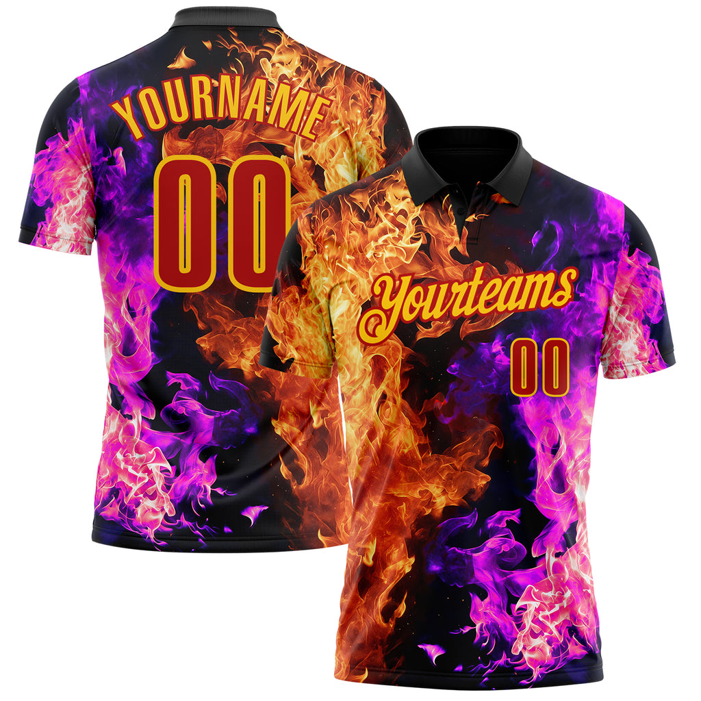 Custom Black Red Hot Pink-Yellow Flame Split Fire Performance Polo Shirt