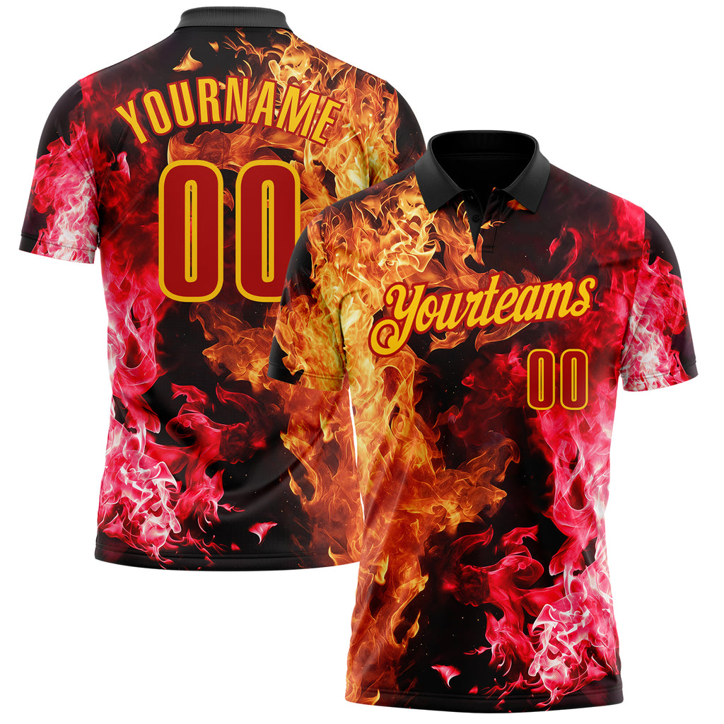 Custom Black Red-Yellow Flame Split Fire Performance Polo Shirt