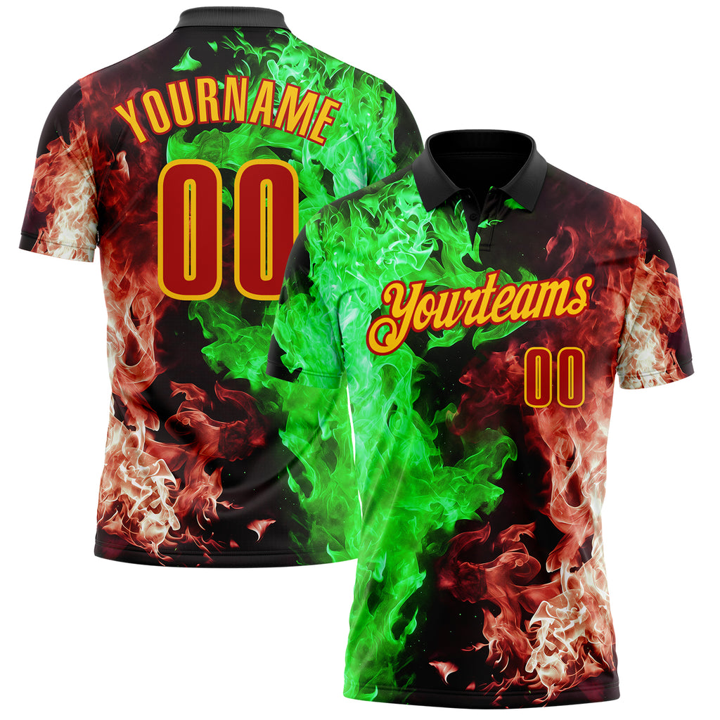 Custom Black Red Green-Yellow Flame Split Fire Performance Polo Shirt