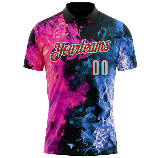 Custom Black Ice Blue Blue-Red Flame Split Fire Performance Polo Shirt