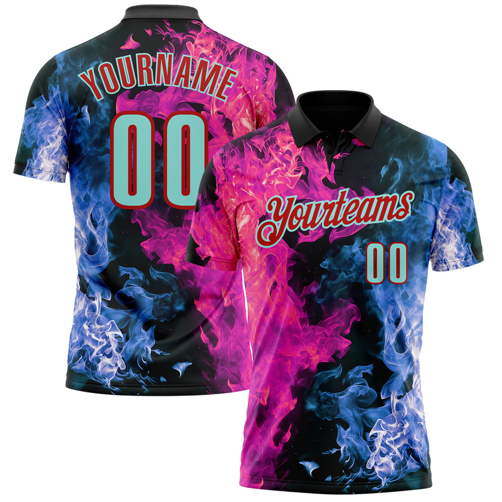 Custom Black Ice Blue Blue-Red Flame Split Fire Performance Polo Shirt