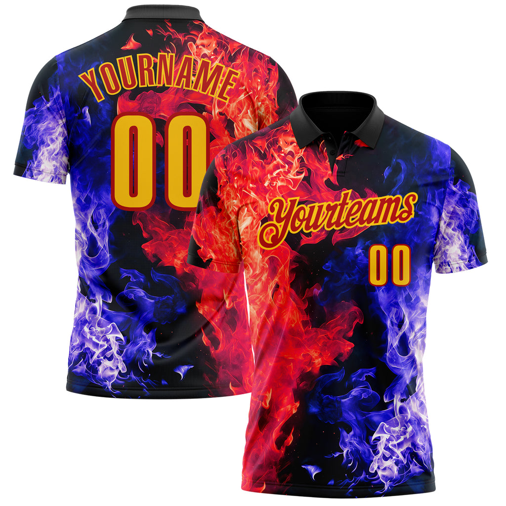 Custom Black Yellow Blue-Red Flame Split Fire Performance Polo Shirt