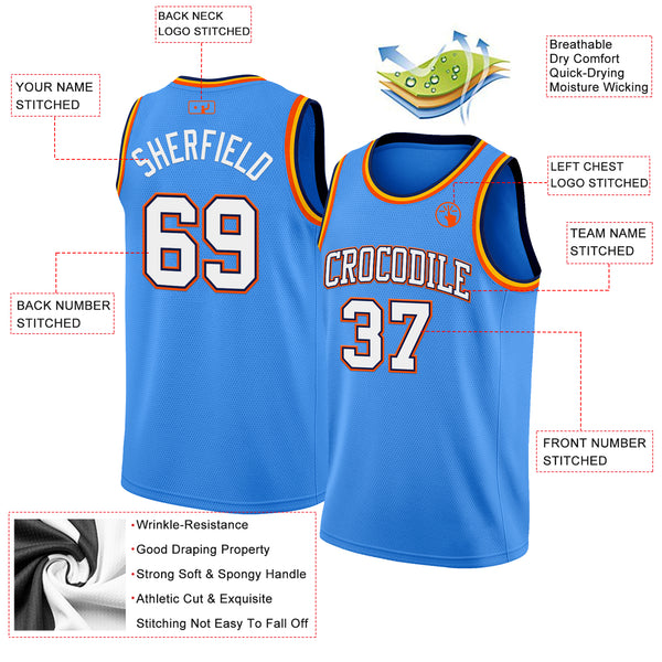 Custom Powder Blue White Navy Orange-Gold Authentic Basketball Jerse