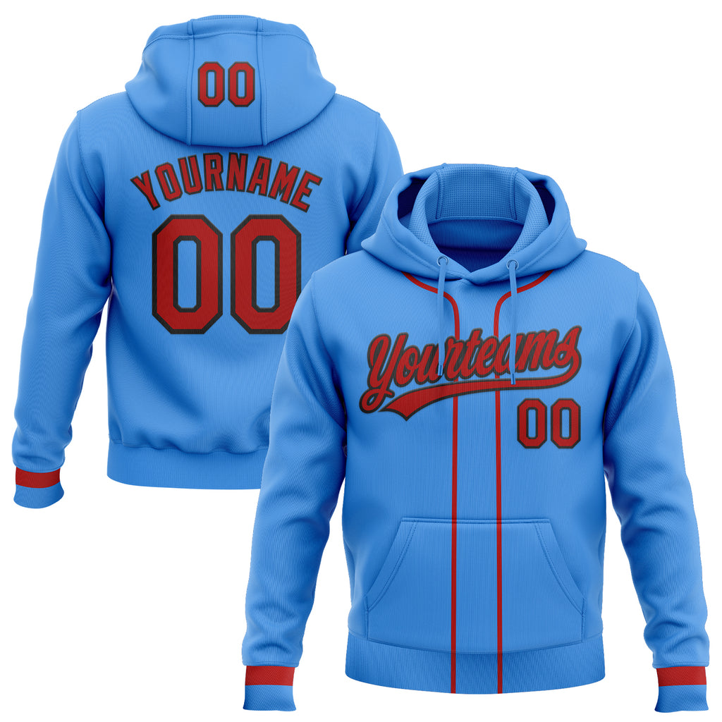 Custom Stitched Powder Blue Red-Black Baseball Pullover Sweatshirt Hoodie