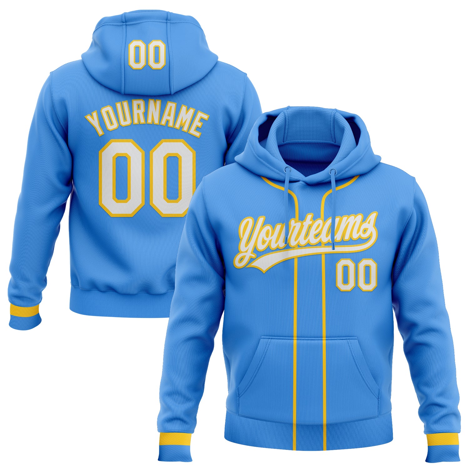 Custom Stitched Powder Blue White-Yellow Baseball Pullover Sweatshirt Hoodie