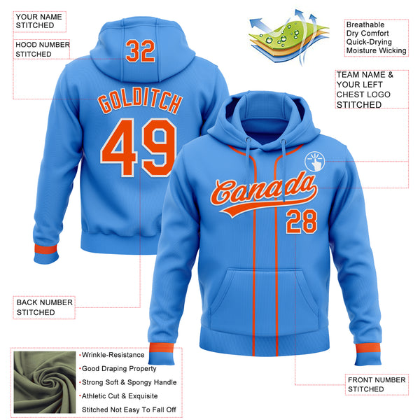 Custom Stitched Powder Blue Orange-White Baseball Pullover Sweatshirt Hoodie