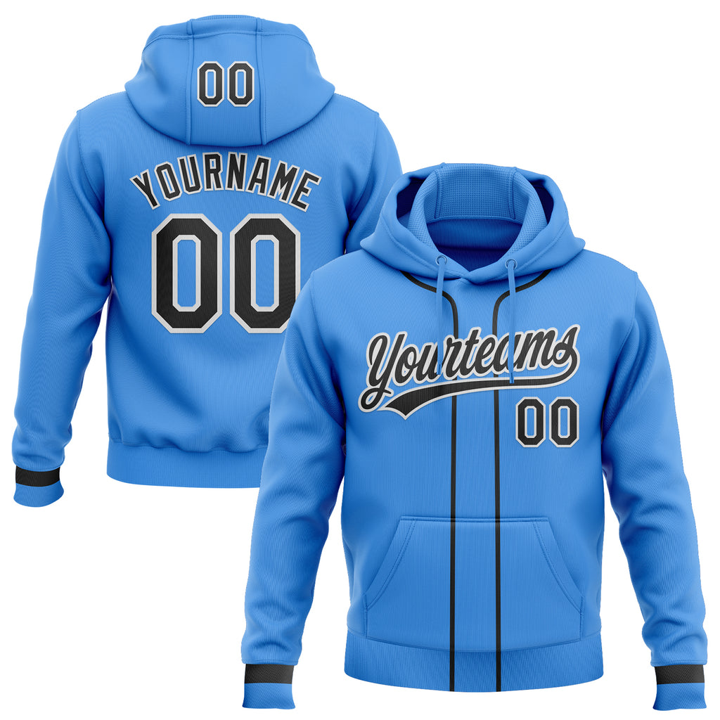 Custom Stitched Powder Blue Black-White Baseball Pullover Sweatshirt Hoodie