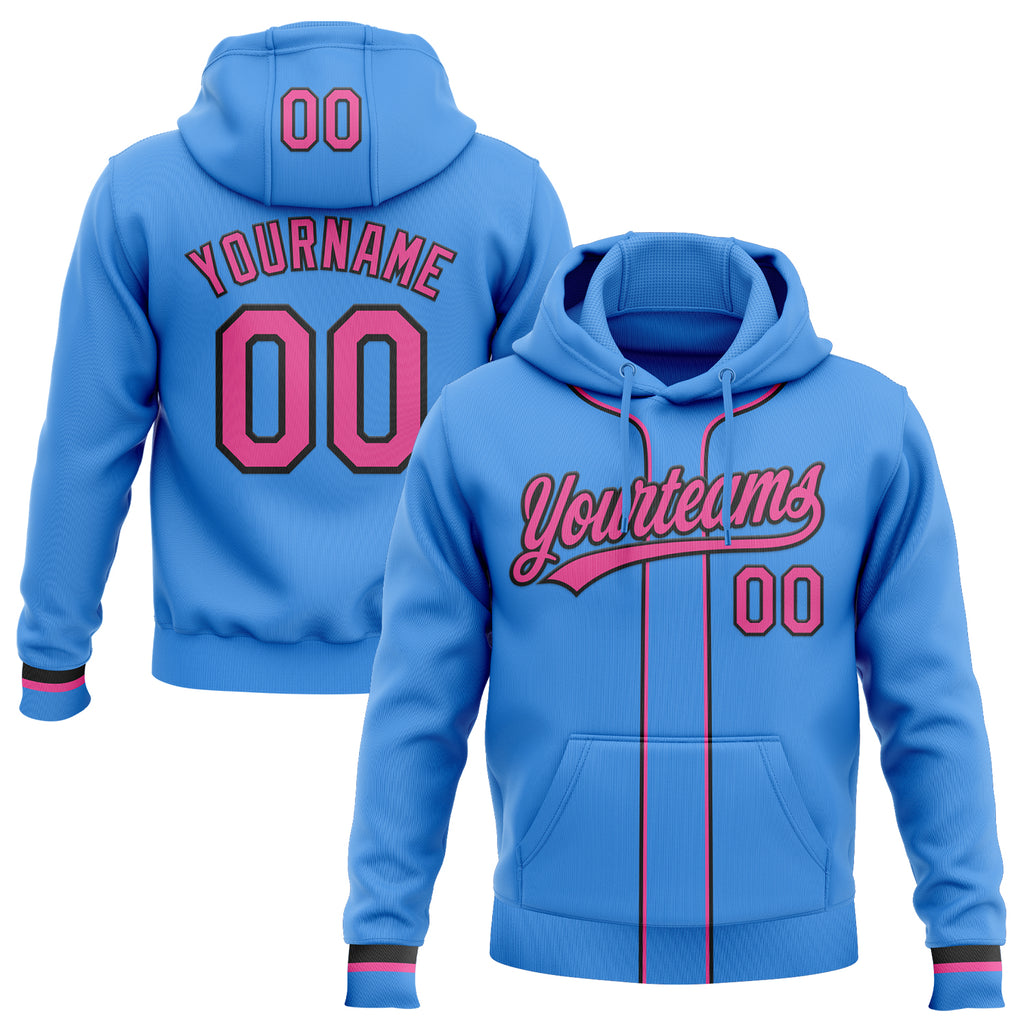 Custom Stitched Powder Blue Pink-Black Baseball Pullover Sweatshirt Hoodie