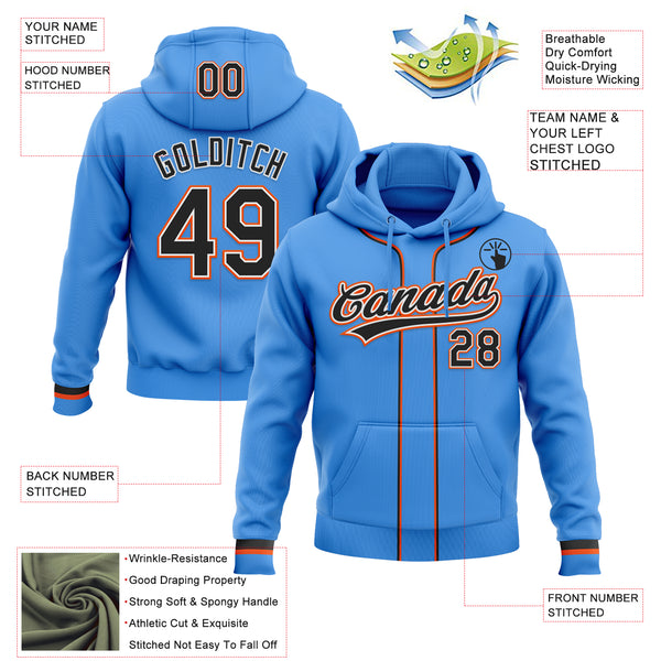 Custom Stitched Powder Blue Black Orange-White Baseball Pullover Sweatshirt Hoodie