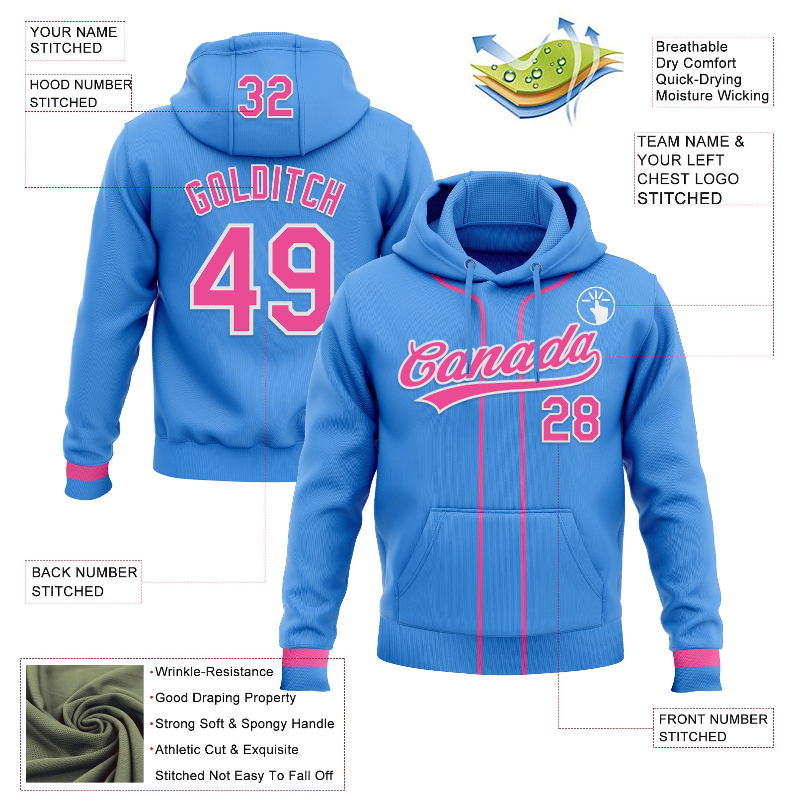 Custom Stitched Powder Blue Pink-White Baseball Pullover Sweatshirt Hoodie