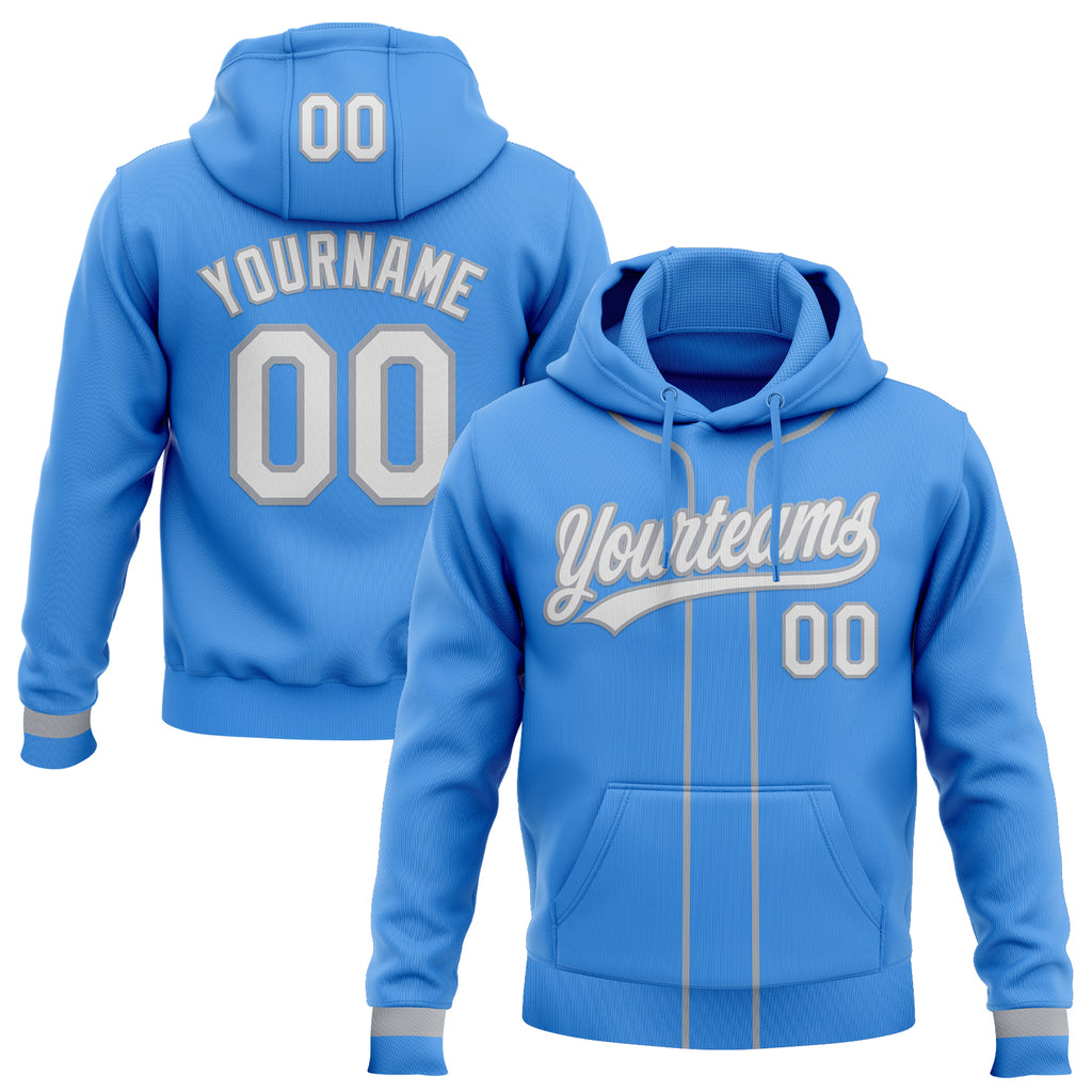 Custom Stitched Powder Blue White-Gray Baseball Pullover Sweatshirt Hoodie