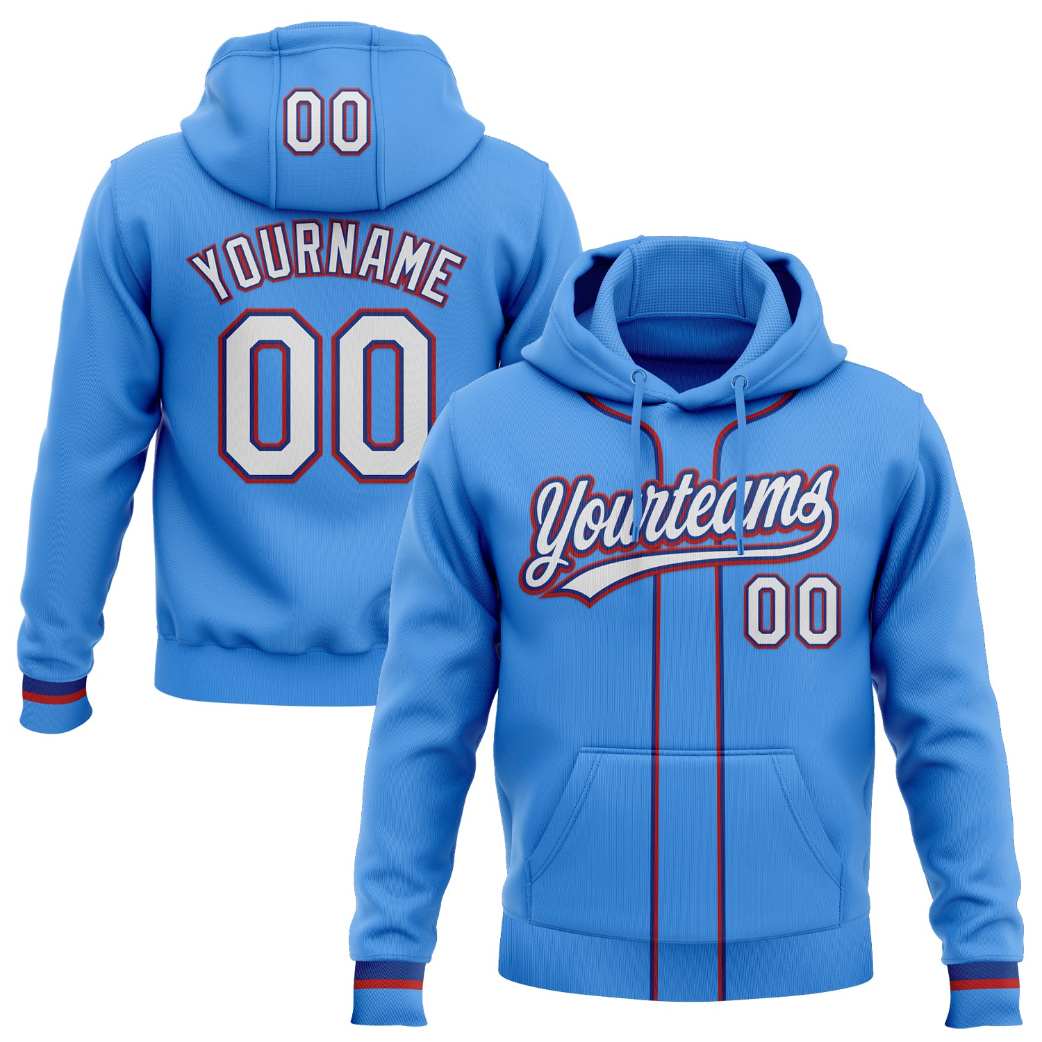 Custom Stitched Powder Blue White Royal-Red Baseball Pullover Sweatshirt Hoodie