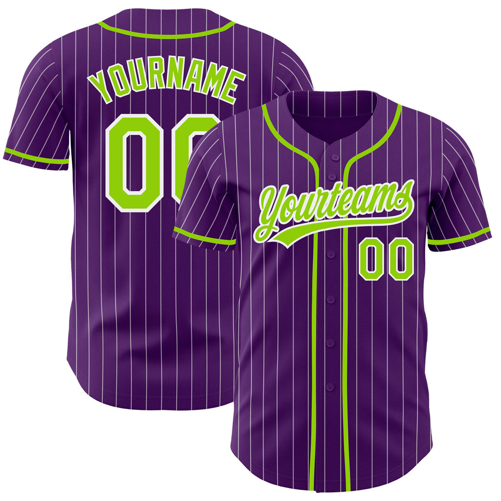 Custom Purple White Pinstripe-Neon Green Authentic Baseball Jersey
