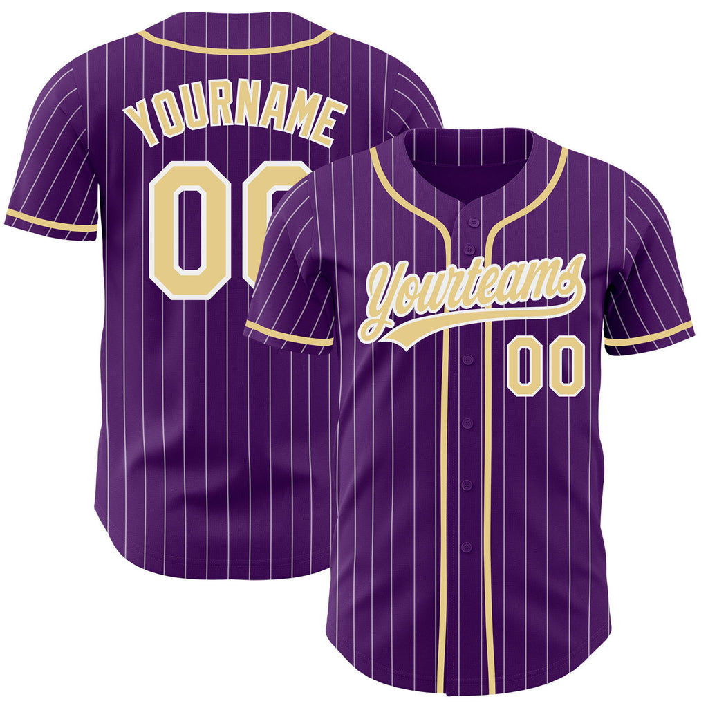 Custom Purple White Pinstripe-Vegas Gold Authentic Baseball Jersey